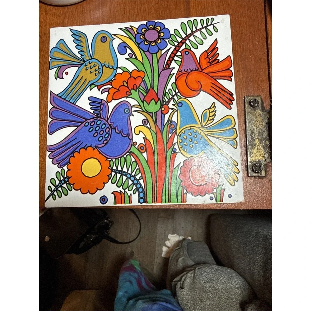 VILLEROY BOCH Ceramic ACAPULCO TRIVET/Tile 60-70s FRANCE BirdsFloral Psychedelic